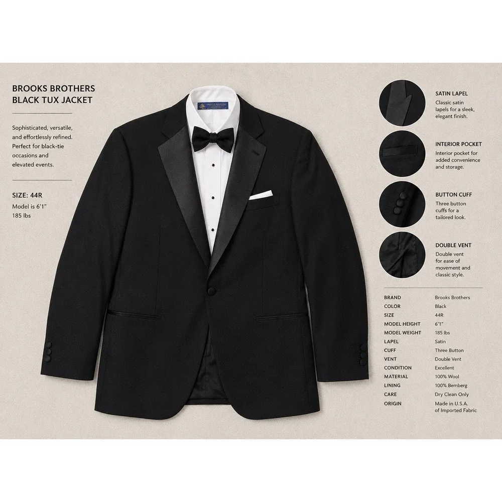 Brooks Brothers Tuxedo‎ Jacket Mens 46L Black Good Wool Peak Lapel With Bow Tie